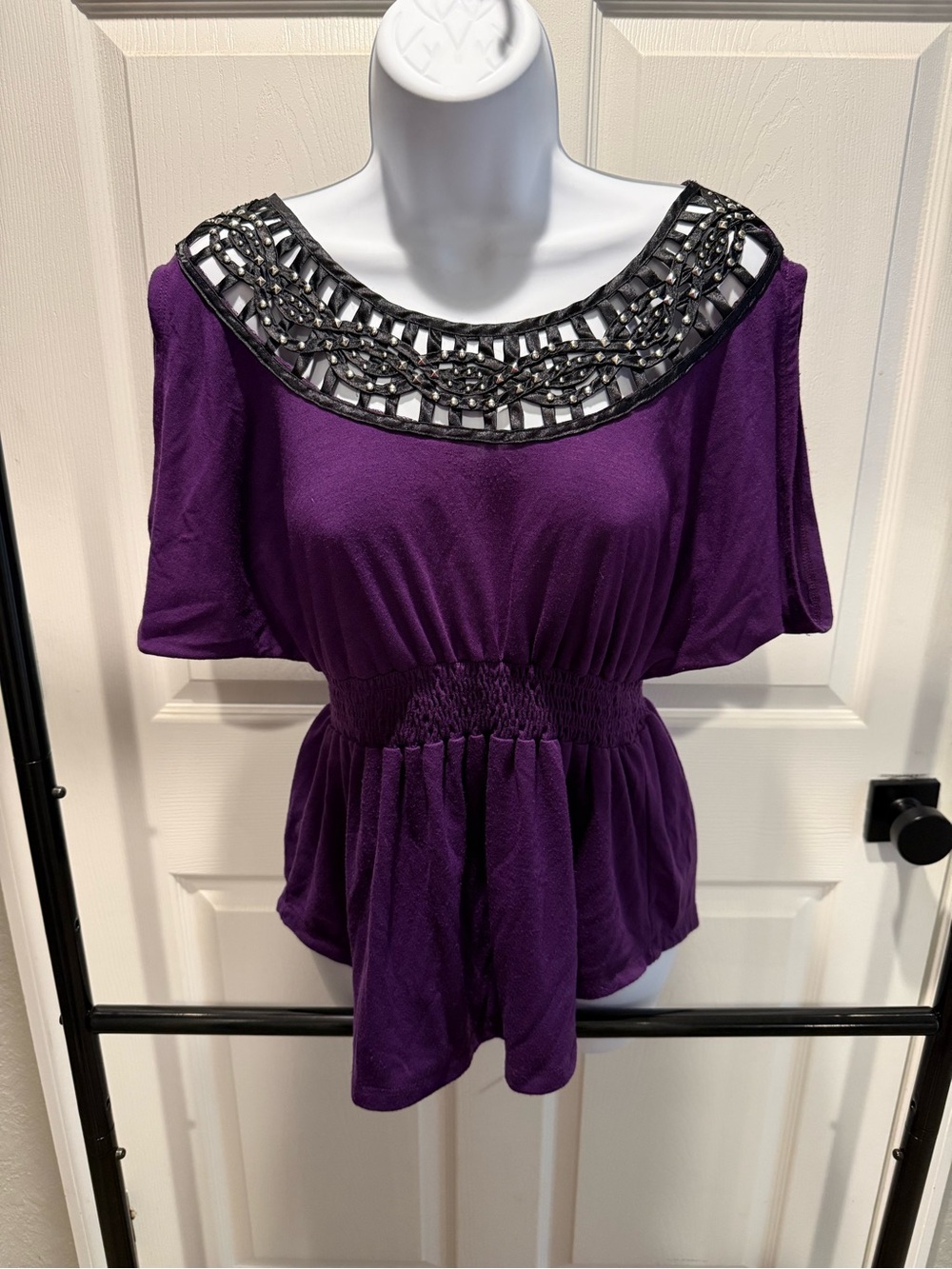 Trixxi Purple Peplum Top with Black Embellished Scoop Neck